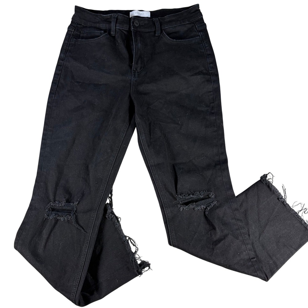 Vervet‎ Blue Women's 29 Black Distressed Straight Leg Jeans Raw Hem Stretch